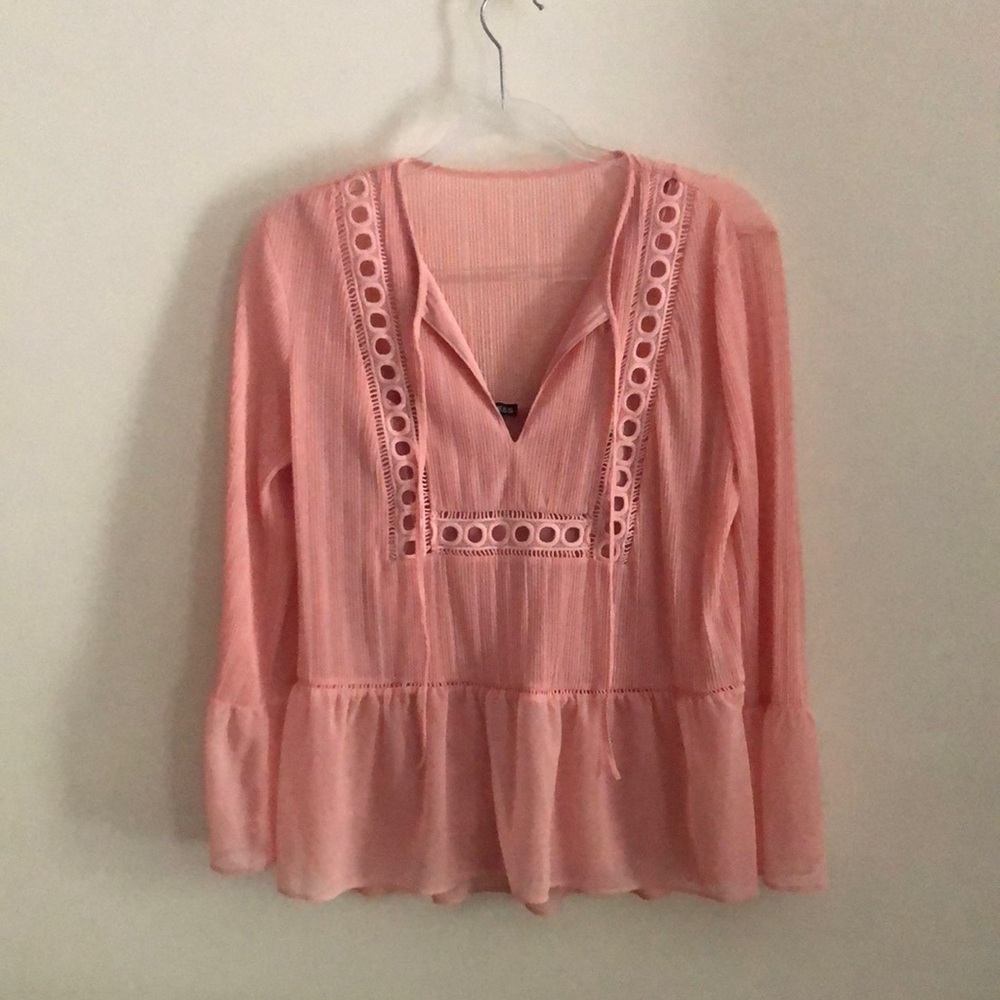 Women’s Express Tie Front Crochet Detail Blouse - Salmon Color